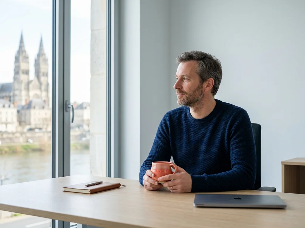 Un consultant SEO à son bureau devant une large baie vitrée surplombant la ville de Tours.