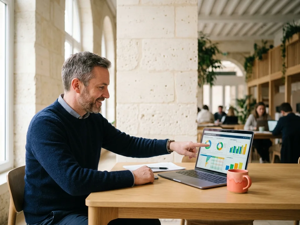 Consultant expert analysant un tableau de bord WordPress pour optimiser une boutique en Touraine.