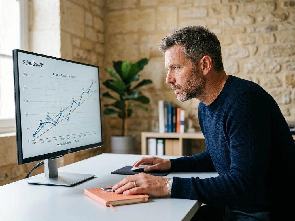 Expert SEO à Tours analysant les graphiques de croissance d'une boutique en ligne sur un moniteur.