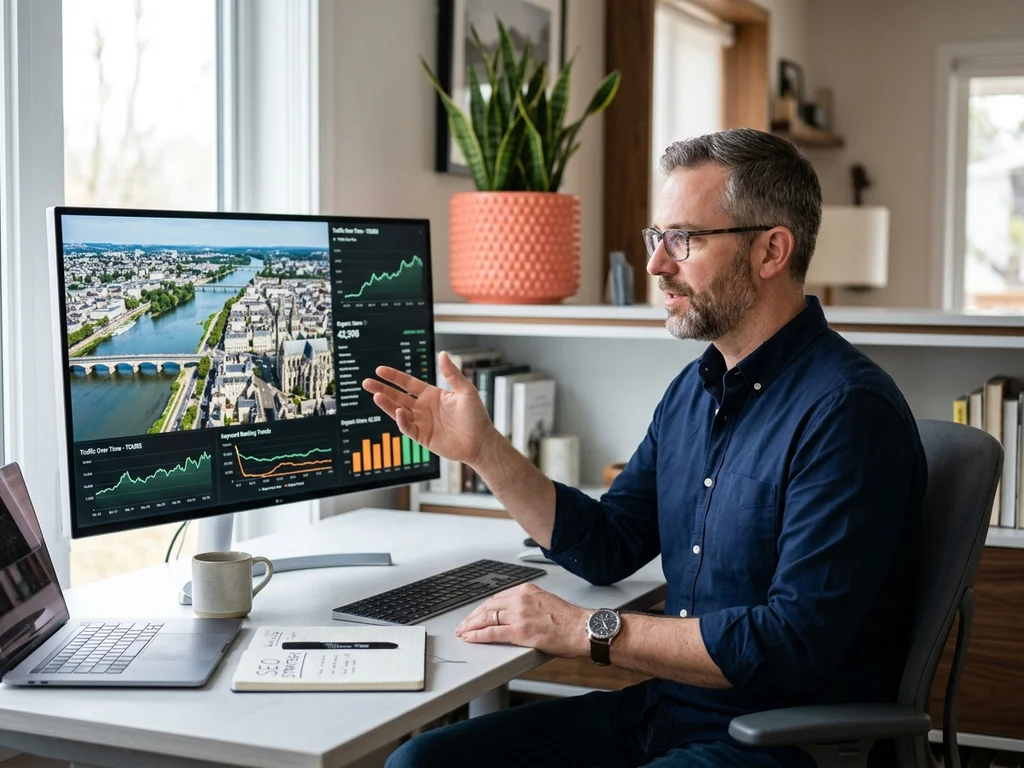 Un consultant SEO analyse des graphiques de performance devant un panorama urbain de Tours.