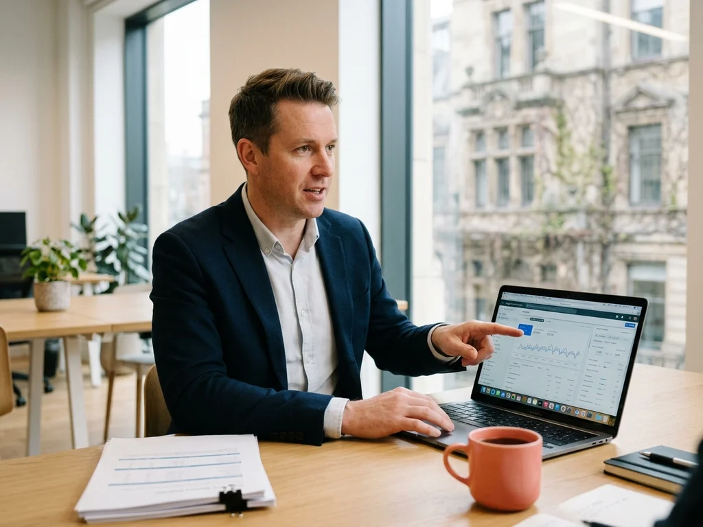 Consultant SEO expliquant les résultats Google à un client dans un bureau lumineux à Tours.
