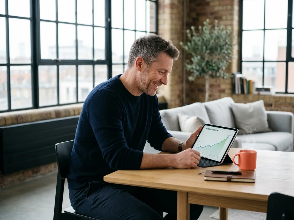 Entrepreneur souriant devant un graphique de croissance du trafic organique après un accompagnement SEO réussi.