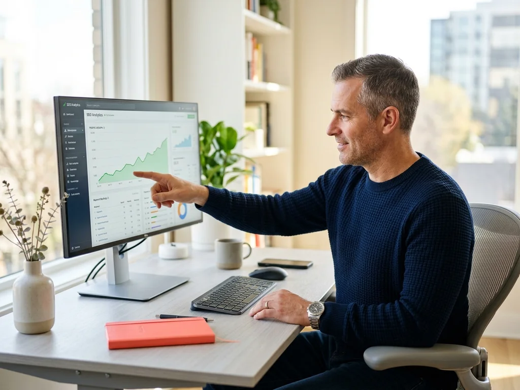 Expert SEO analysant un tableau de bord affichant une croissance rapide du trafic organique.