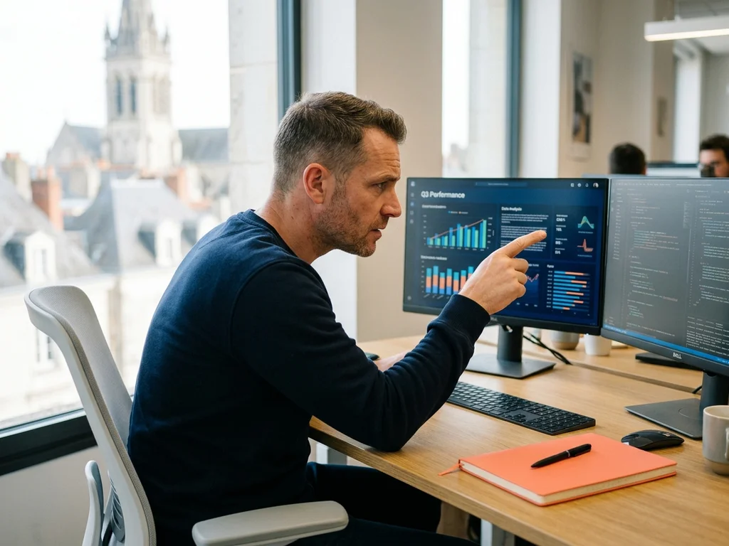 Expert SEO analysant des graphiques de performance pour prévenir les pénalités et risques Google.