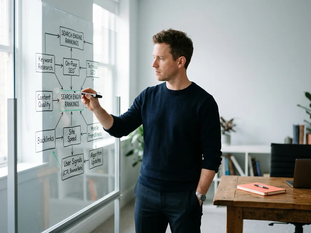 Expert SEO analysant une stratégie de contenu sur tableau blanc pour optimiser le référencement Google.