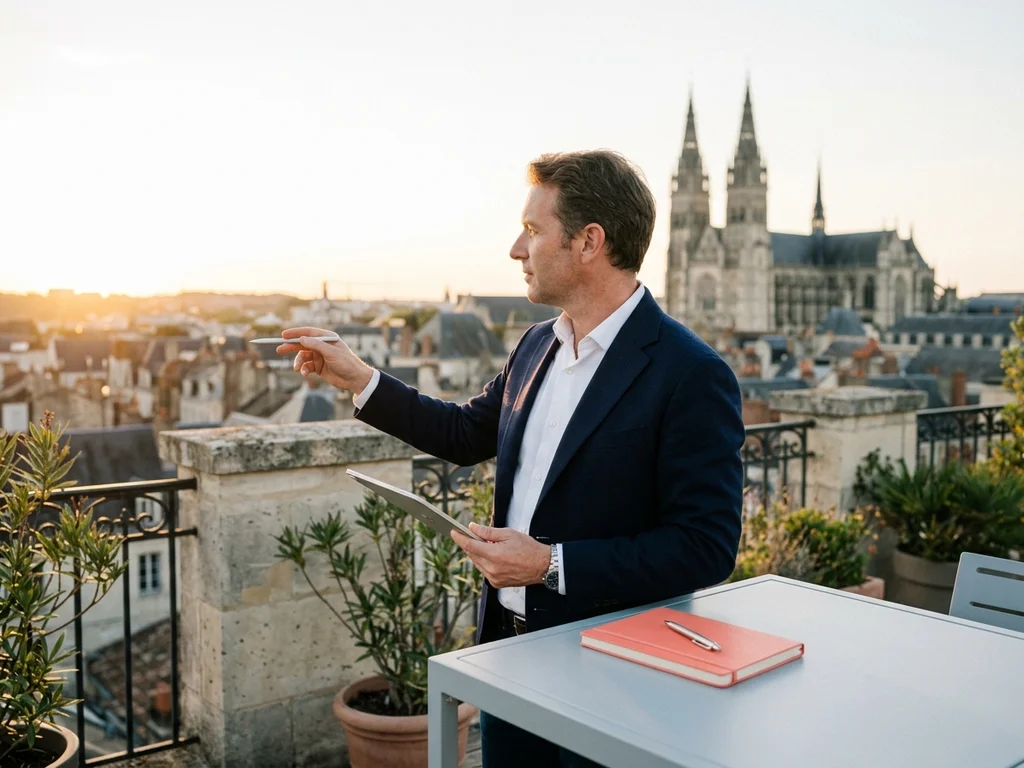Expert SEO à Tours devant la cathédrale Saint-Gatien, symbolisant l'expertise locale et le succès.