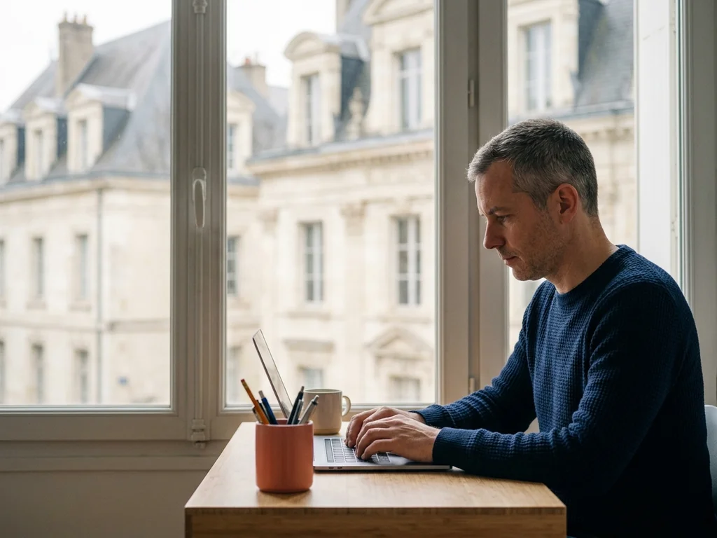 Expert en pull bleu marine optimisant un site WordPress devant une vue urbaine de Tours.