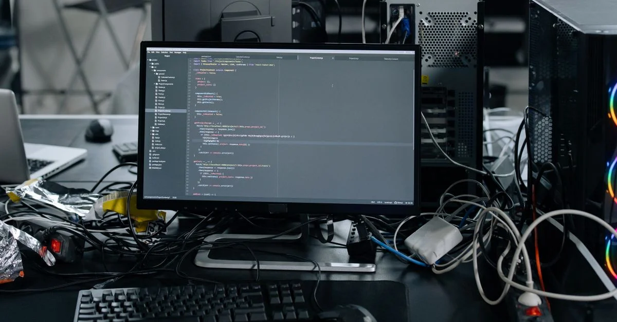 Un bureau encombré dans un bureau avec un moniteur affichant du code, entouré d'un clavier, d'une souris et de câbles.