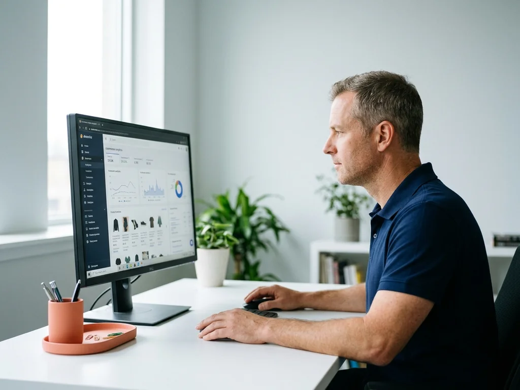 Logo PrestaShop sur l'écran d'un expert travaillant sur une plateforme e-commerce open source française.